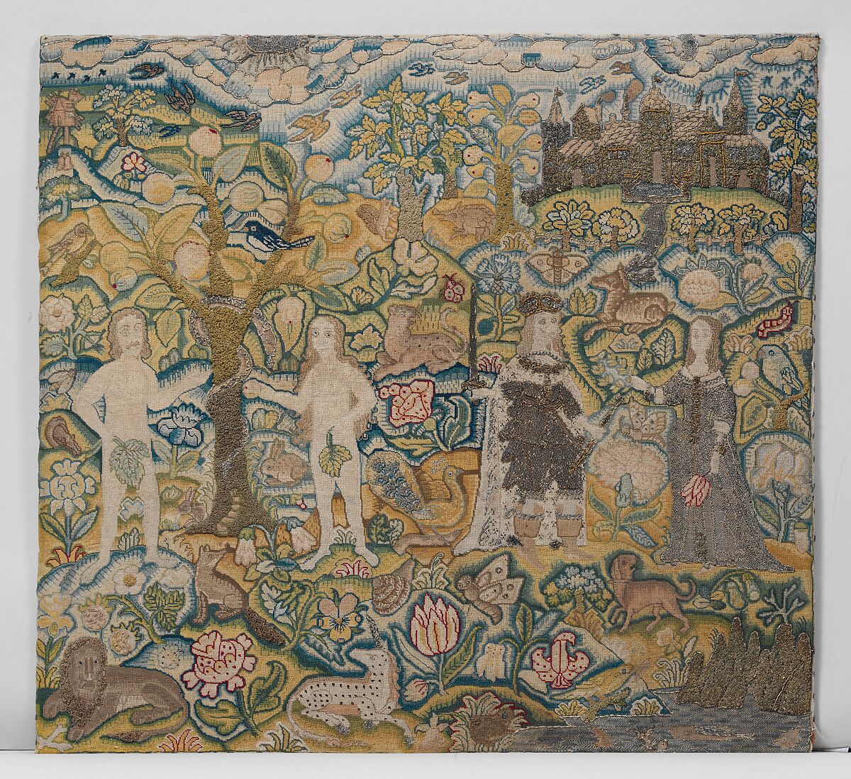 Adam and Eve with Charles I and Henrietta Maria, Canvas worked with silk and metal thread; tent and couching stitches, British 