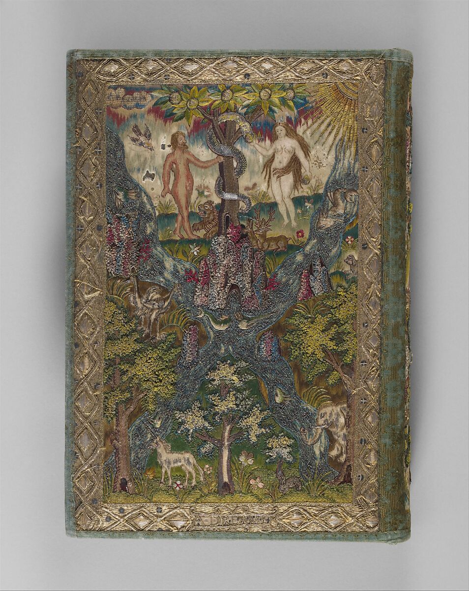 Bible and Book of Common Prayer, Printed by Robert Barker  , London, 1607, Satin worked with silk and metal thread, spangles; long-and-short, split, satin, couching, brick, and knot stitches, British