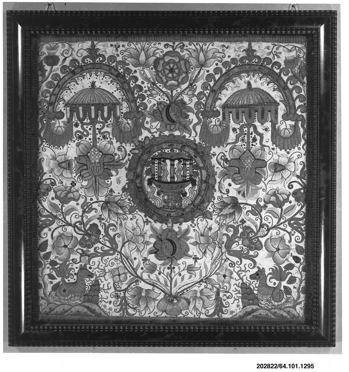 Framed picture, Silk and metal thread on satin, British 