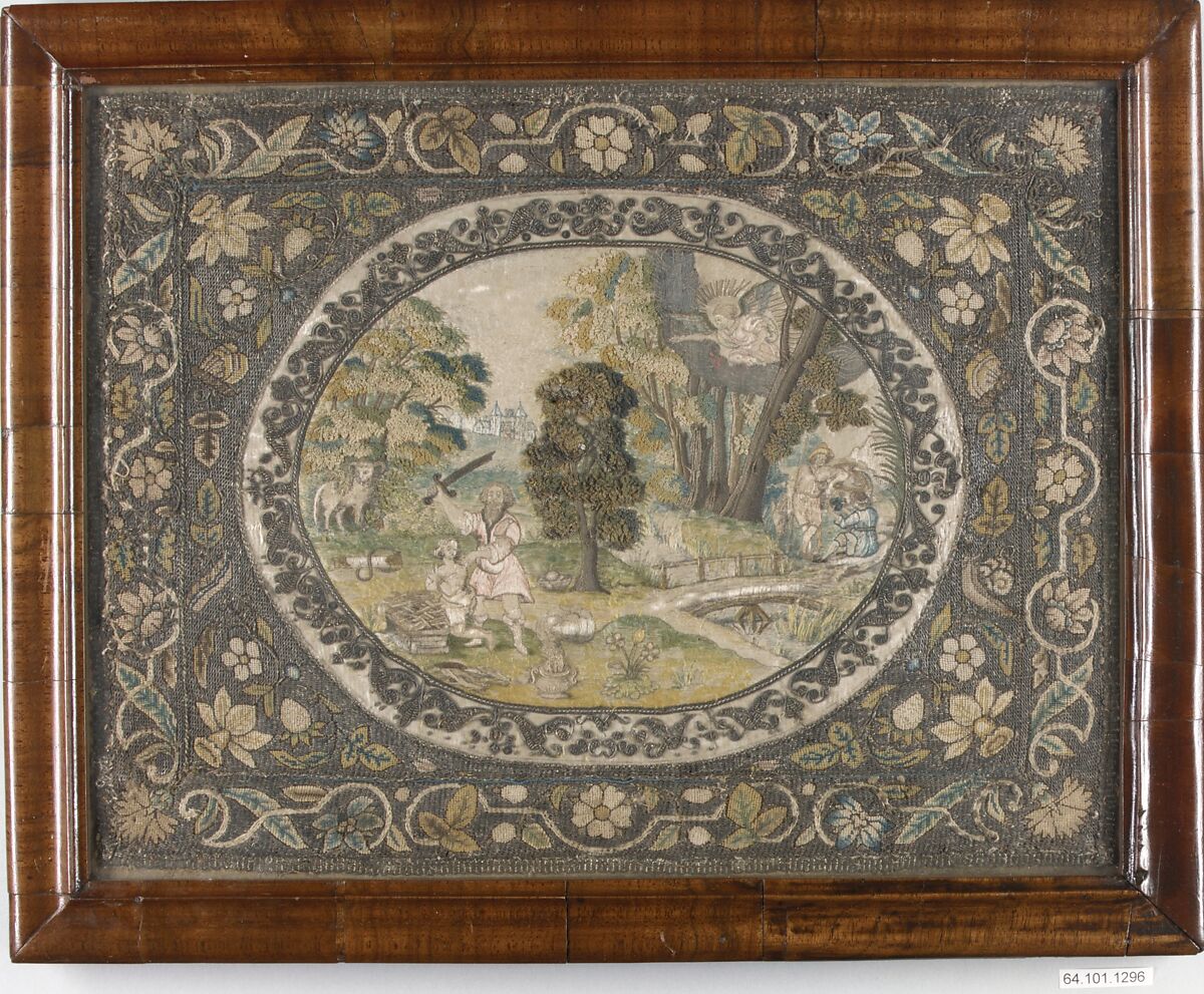 Sacrifice of Isaac, Canvas worked with silk and metal thread; Gobelin, tent, couching stitches; applied satin cartouche worked with silk and metal thread, spangles; satin, long-and-short, split, knot, and couching stitches, British