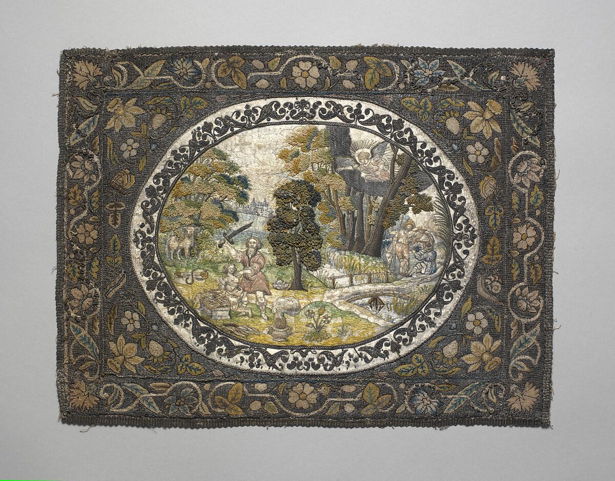 Sacrifice of Isaac, Canvas worked with silk and metal thread; Gobelin, tent, couching stitches; applied satin cartouche worked with silk and metal thread, spangles; satin, long-and-short, split, knot, and couching stitches, British 
