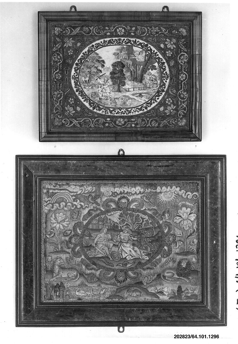 Meleager and Atalanta, After two engravings by Crispijn de Passe the Younger (Dutch, Cologne ca. 1594–1670 Amsterdam), Silk and metal thread on canvas, British