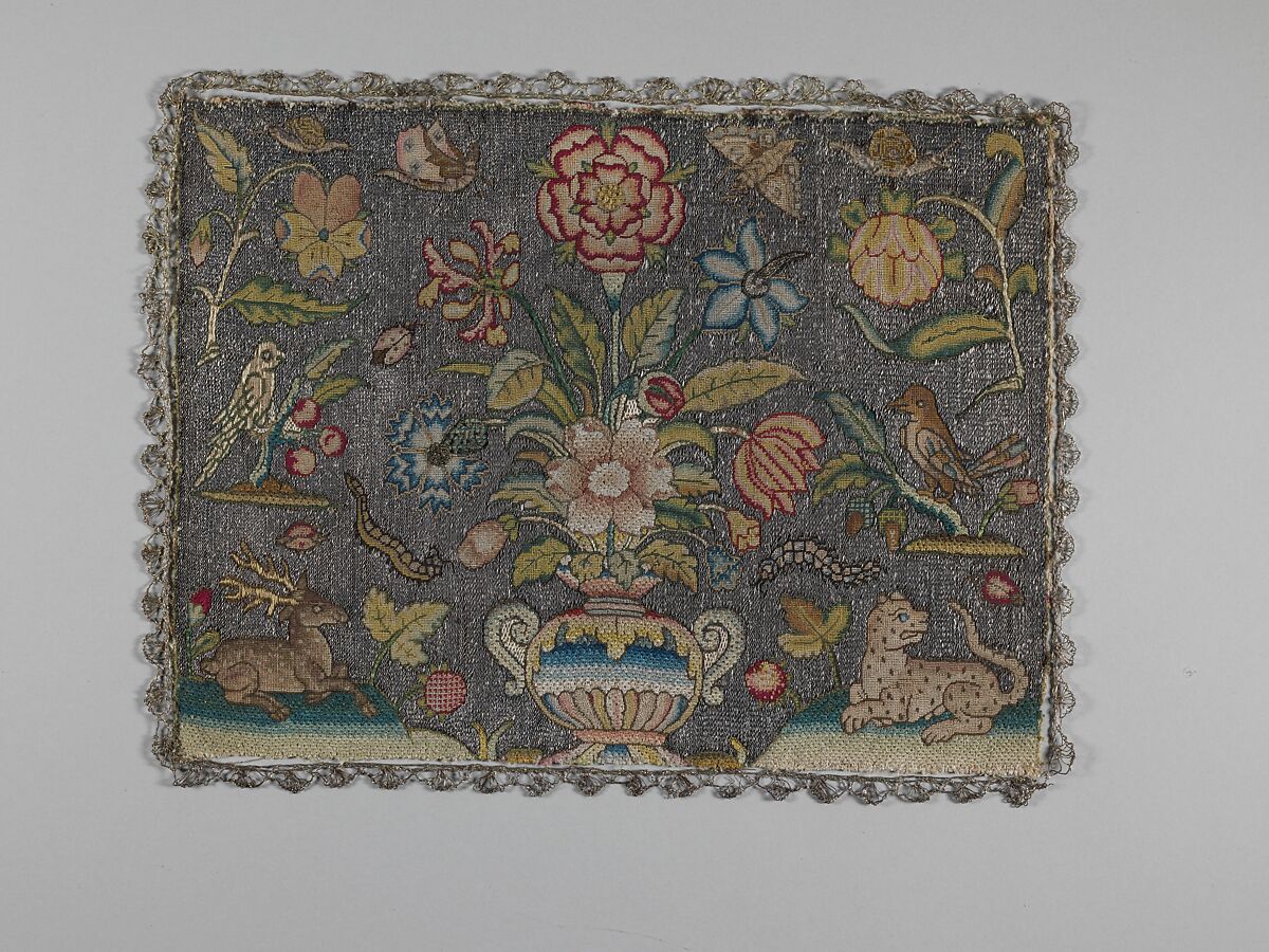 Cushion cover, Silk and metal thread on canvas, British 