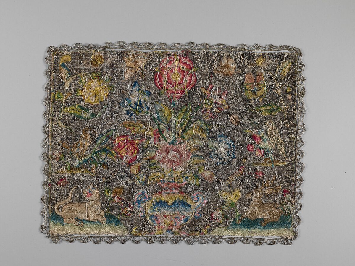Cushion cover, Silk and metal thread on canvas, British