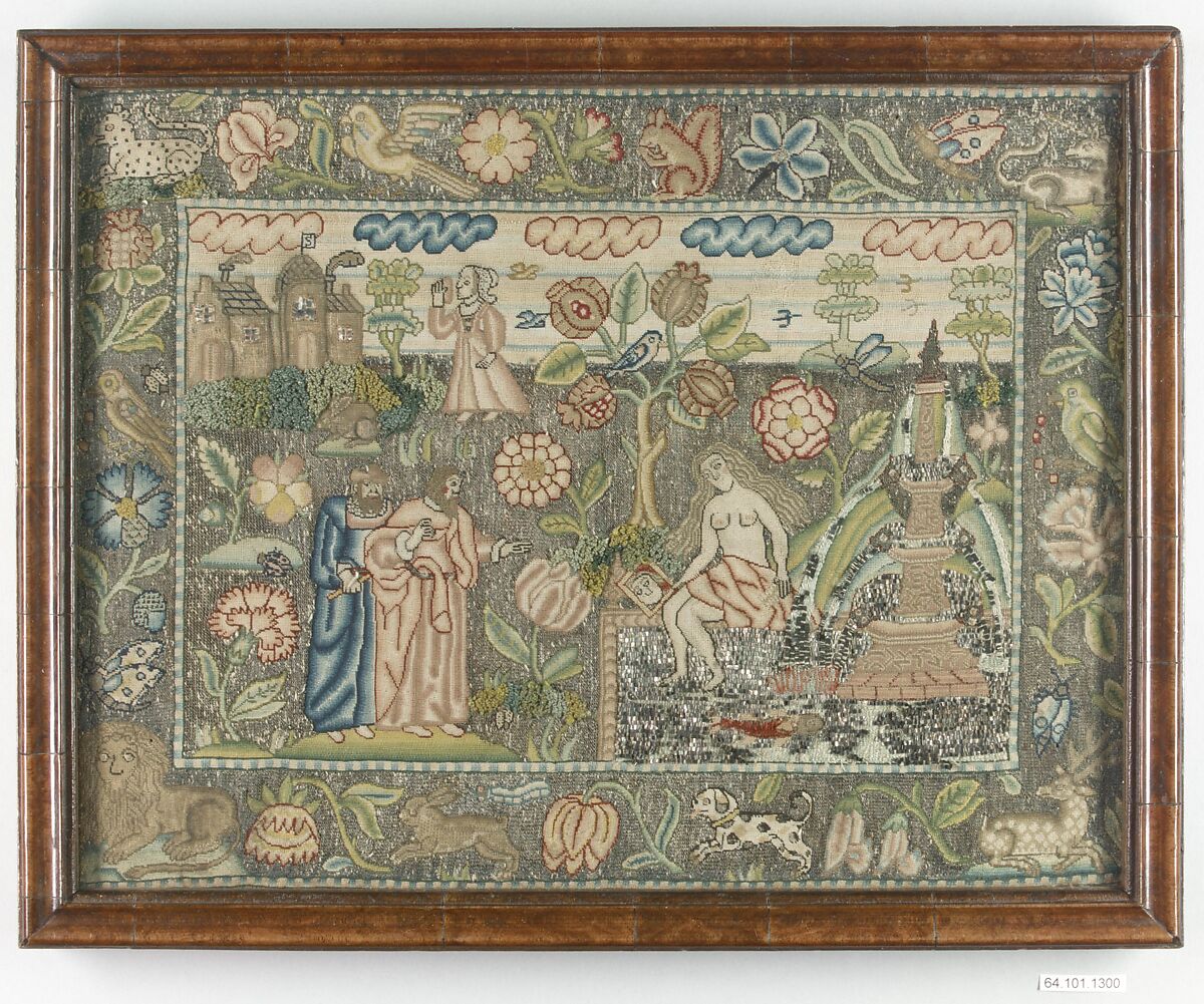 Susanna and the Elders, Canvas worked with silk and metal thread; Gobelin, tent, couching, back, stem, and chain stitches, British
