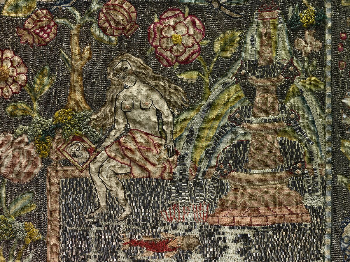 Susanna and the Elders, Canvas worked with silk and metal thread; Gobelin, tent, couching, back, stem, and chain stitches, British