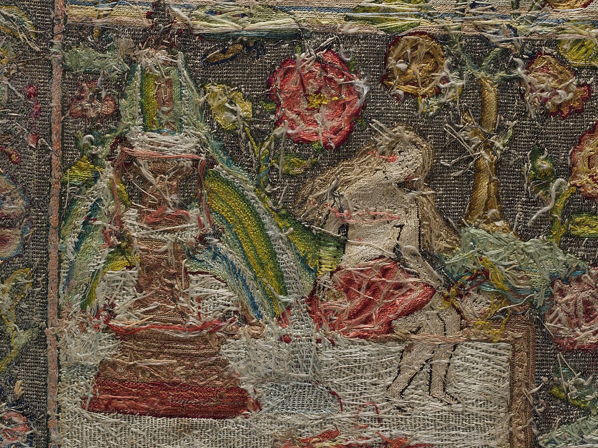 Susanna and the Elders, Canvas worked with silk and metal thread; Gobelin, tent, couching, back, stem, and chain stitches, British