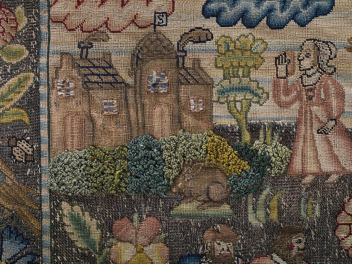 Susanna and the Elders, Canvas worked with silk and metal thread; Gobelin, tent, couching, back, stem, and chain stitches, British