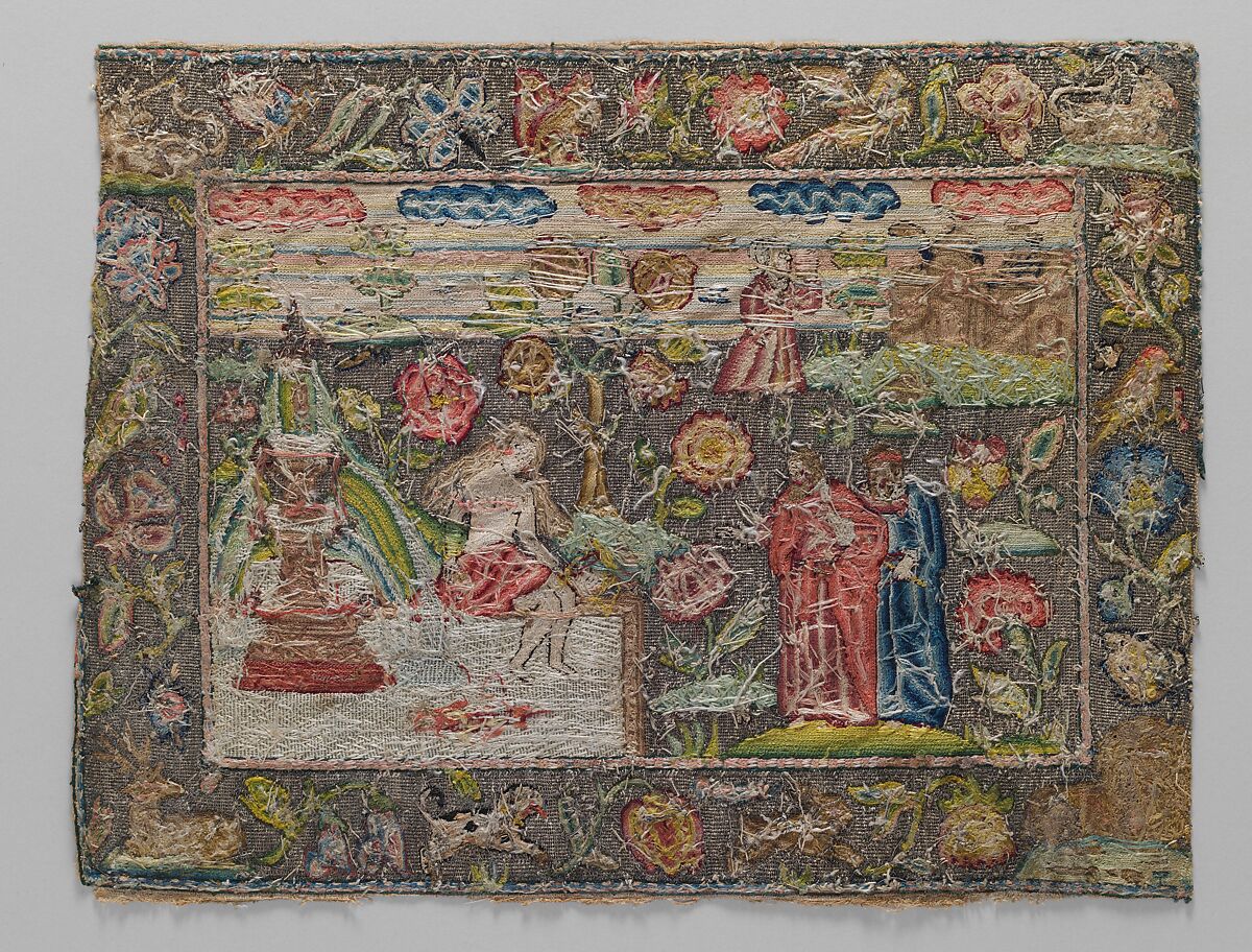 Susanna and the Elders, Canvas worked with silk and metal thread; Gobelin, tent, couching, back, stem, and chain stitches, British