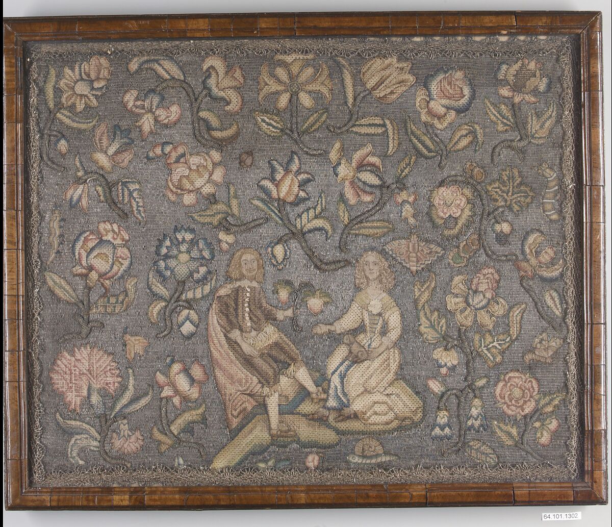 Embroidered picture, Wool, silk and metal thread on canvas, British 
