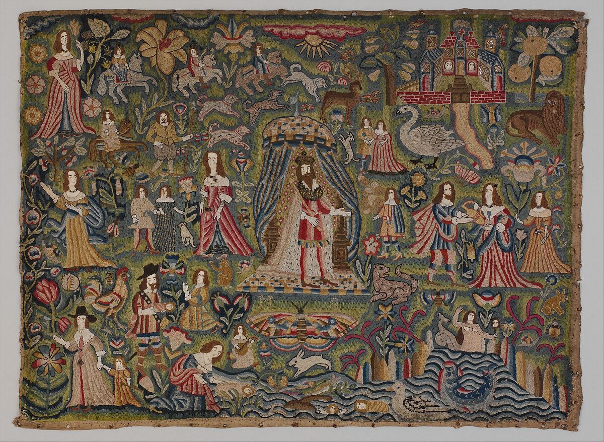 Panel with Biblical vignettes, Canvas worked with wool, silk, and metal thread, glass beads, mica, silk satin; long-and-short, stem, split, chain, knots, cross, and couching stitches, British 