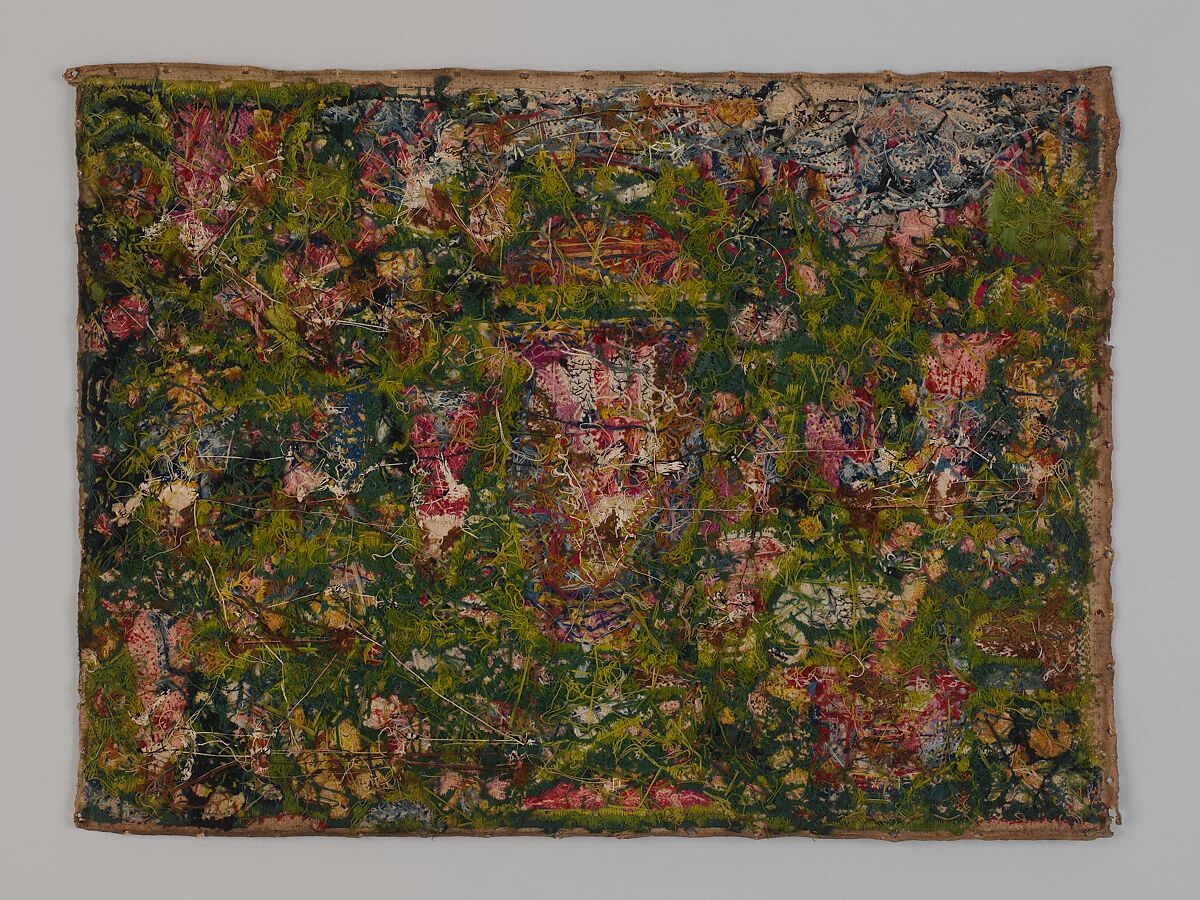 Panel with Biblical vignettes, Canvas worked with wool, silk, and metal thread, glass beads, mica, silk satin; long-and-short, stem, split, chain, knots, cross, and couching stitches, British