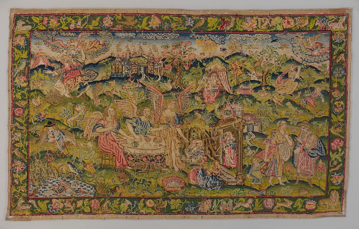 Scenes from the Story of Abraham, Linen worked with silk thread; tent and couching stitches, British