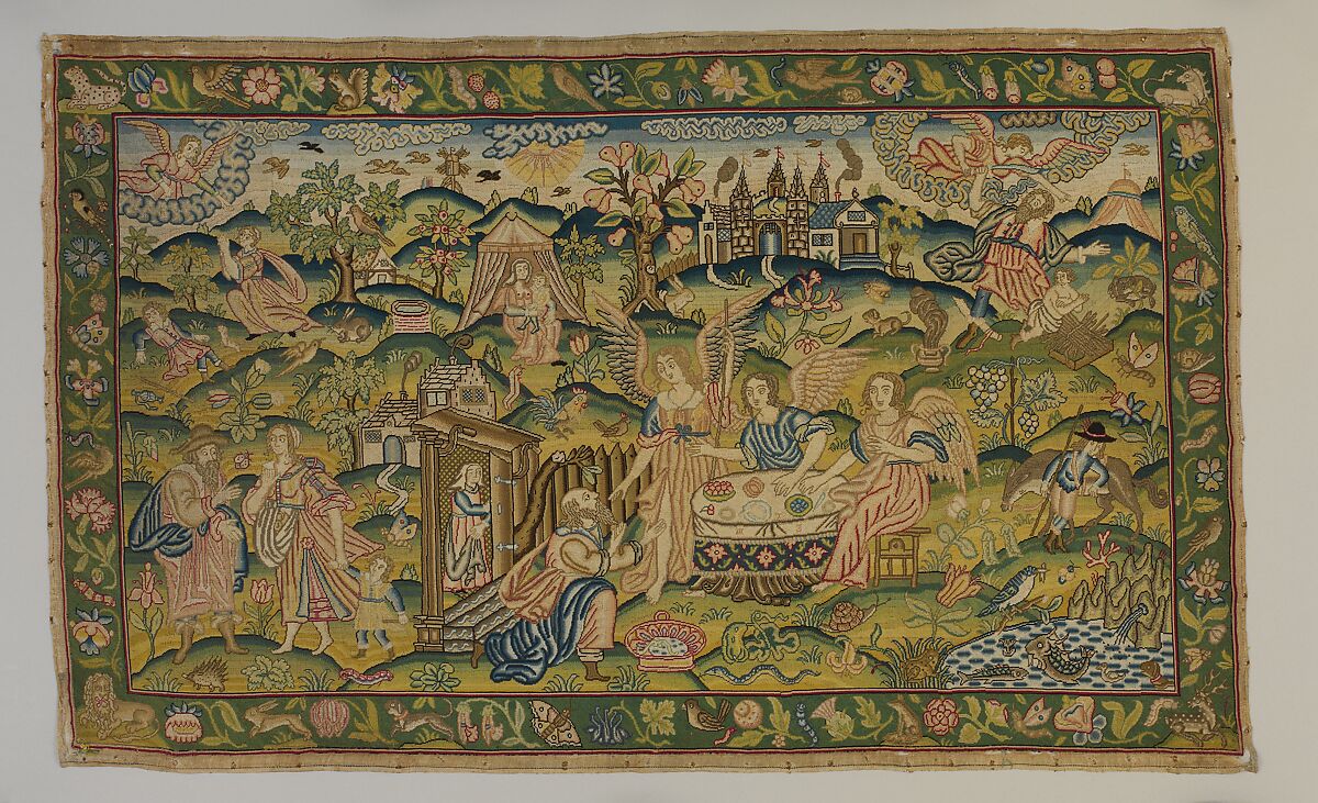 Scenes from the Story of Abraham, Linen worked with silk thread; tent and couching stitches, British 