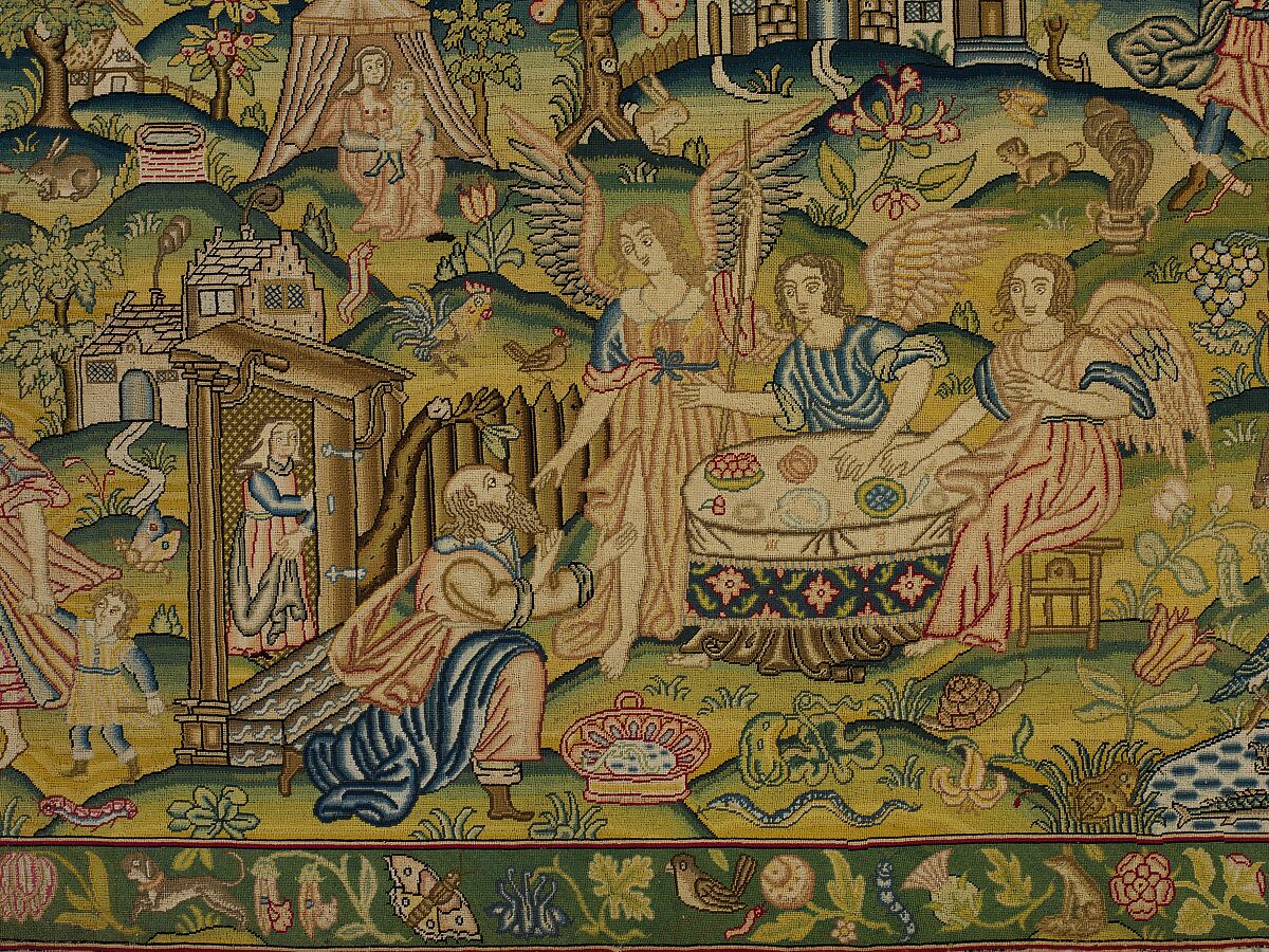 Scenes from the Story of Abraham, Linen worked with silk thread; tent and couching stitches, British