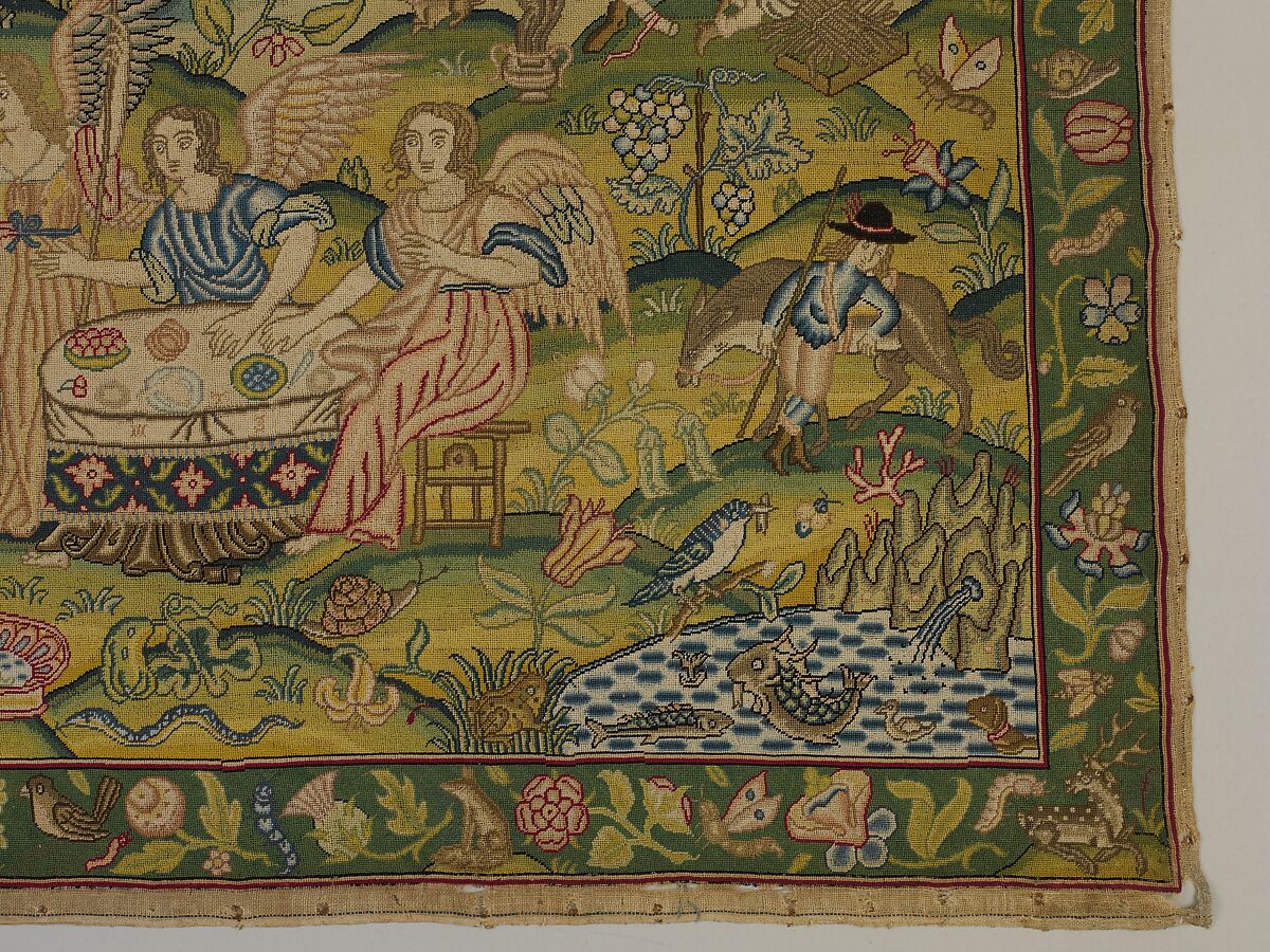 Scenes from the Story of Abraham, Linen worked with silk thread; tent and couching stitches, British