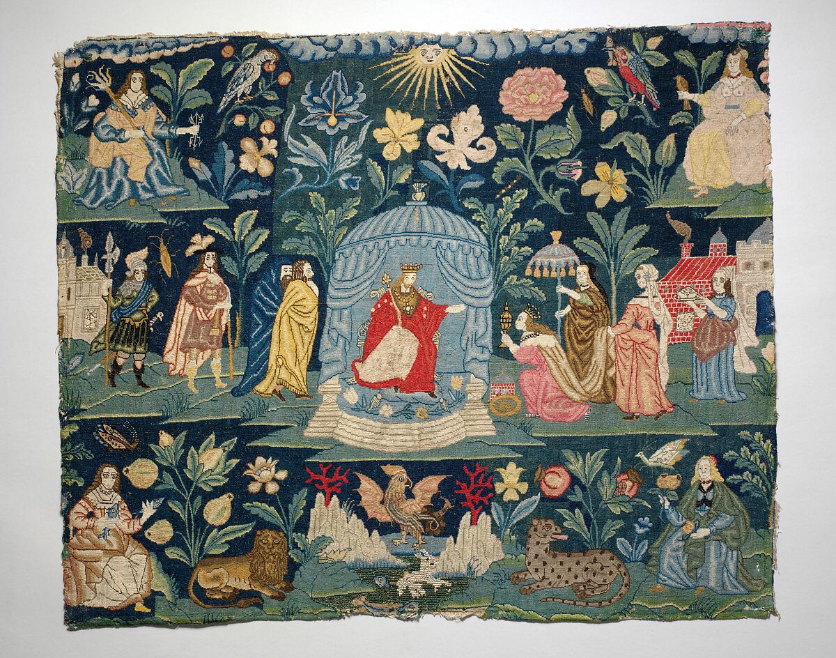 The Meeting of King Solomon and the Queen of Sheba, with the Four Elements, Canvas worked with silk and wool thread, mica; tent, cross, and couching stitches, British 