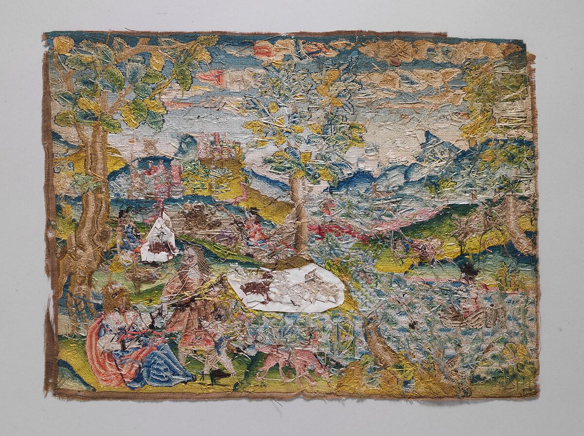 Lovers with Amor, Canvas worked with silk thread, mica; tent, knot, brick, chain, straight, and couching stitches, British