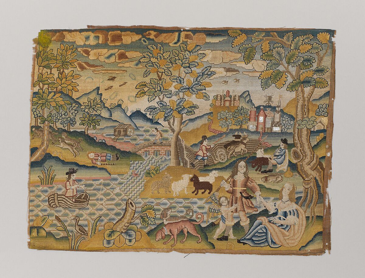 Lovers with Amor, Canvas worked with silk thread, mica; tent, knot, brick, chain, straight, and couching stitches, British