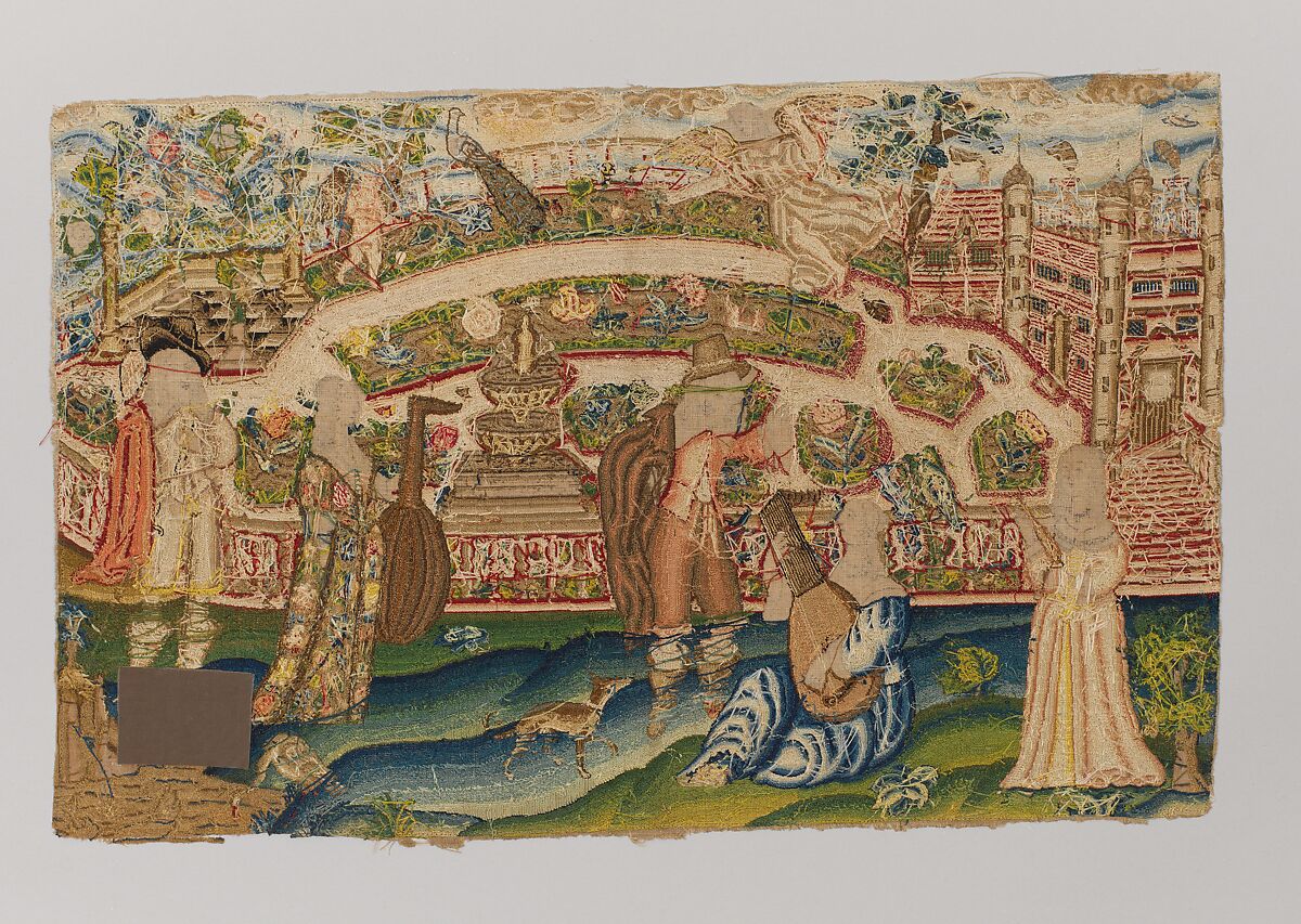 Musical Party in a Garden, Canvas worked with silk thread; tent stitch, British