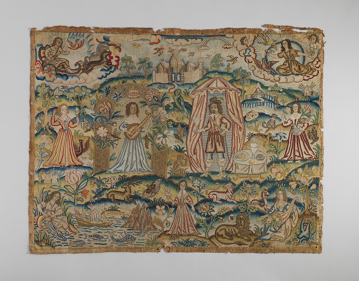 The Five Senses and the Four Elements, Canvas worked with silk thread; tent, rococo, knot, and couching stitches, British 