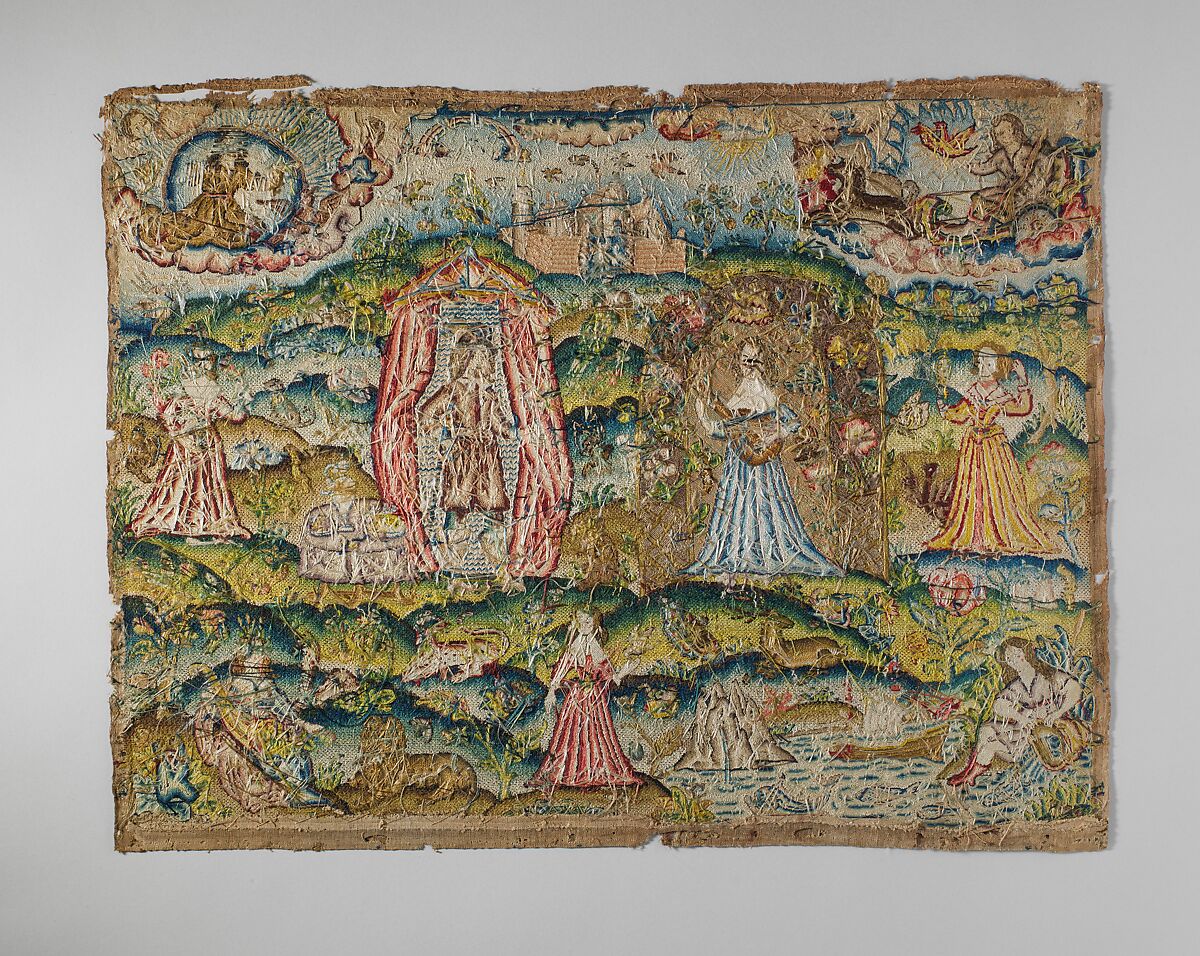 The Five Senses and the Four Elements, Canvas worked with silk thread; tent, rococo, knot, and couching stitches, British