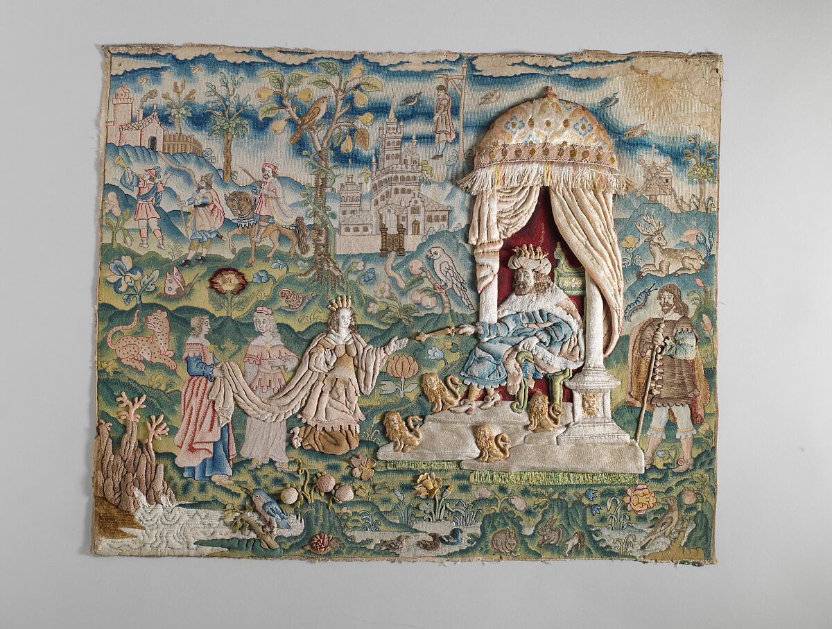 Esther and Ahasuerus, Canvas worked with silk thread; tent, Gobelin, satin, long-and-short, split, stem, knotted, straight, Ceylon, rococo, and detached buttonhole stitch variations; fringe, British