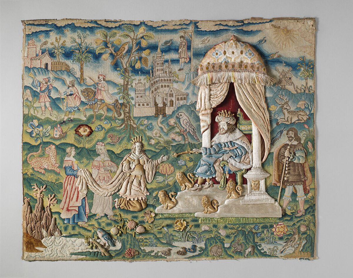 Esther and Ahasuerus, Canvas worked with silk thread; tent, Gobelin, satin, long-and-short, split, stem, knotted, straight, Ceylon, rococo, and detached buttonhole stitch variations; fringe, British 