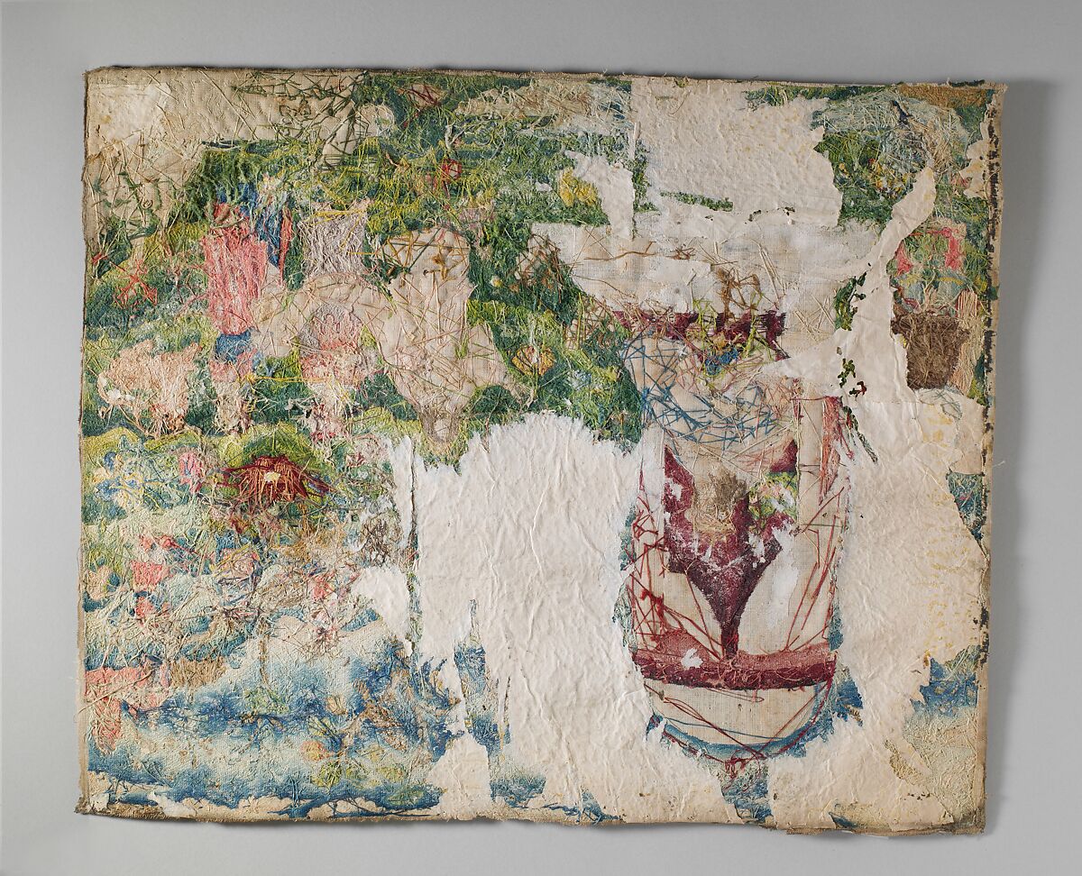 Esther and Ahasuerus, Canvas worked with silk thread; tent, Gobelin, satin, long-and-short, split, stem, knotted, straight, Ceylon, rococo, and detached buttonhole stitch variations; fringe, British