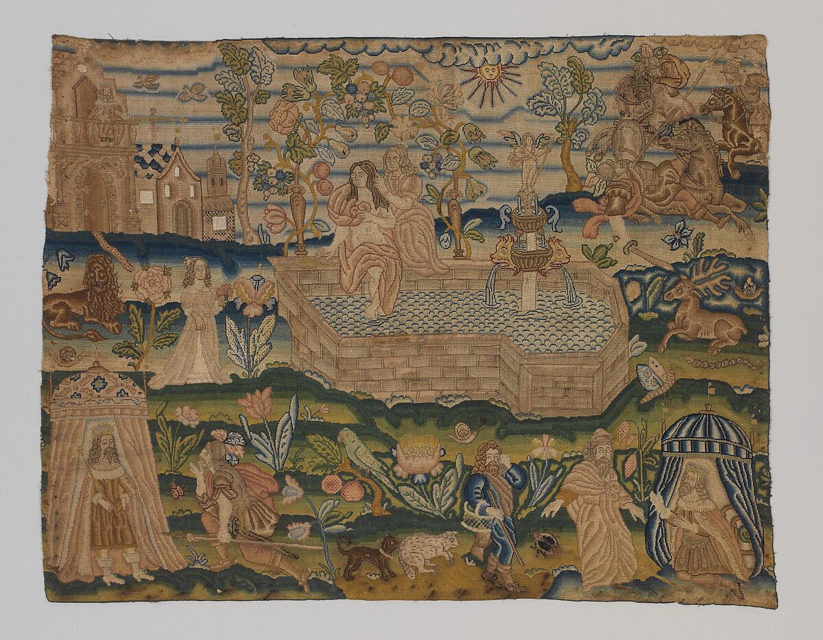 David and Bathsheba, Canvas worked with silk linen thread; tent, Gobelin, knot, rococo, and couching stitches, British 