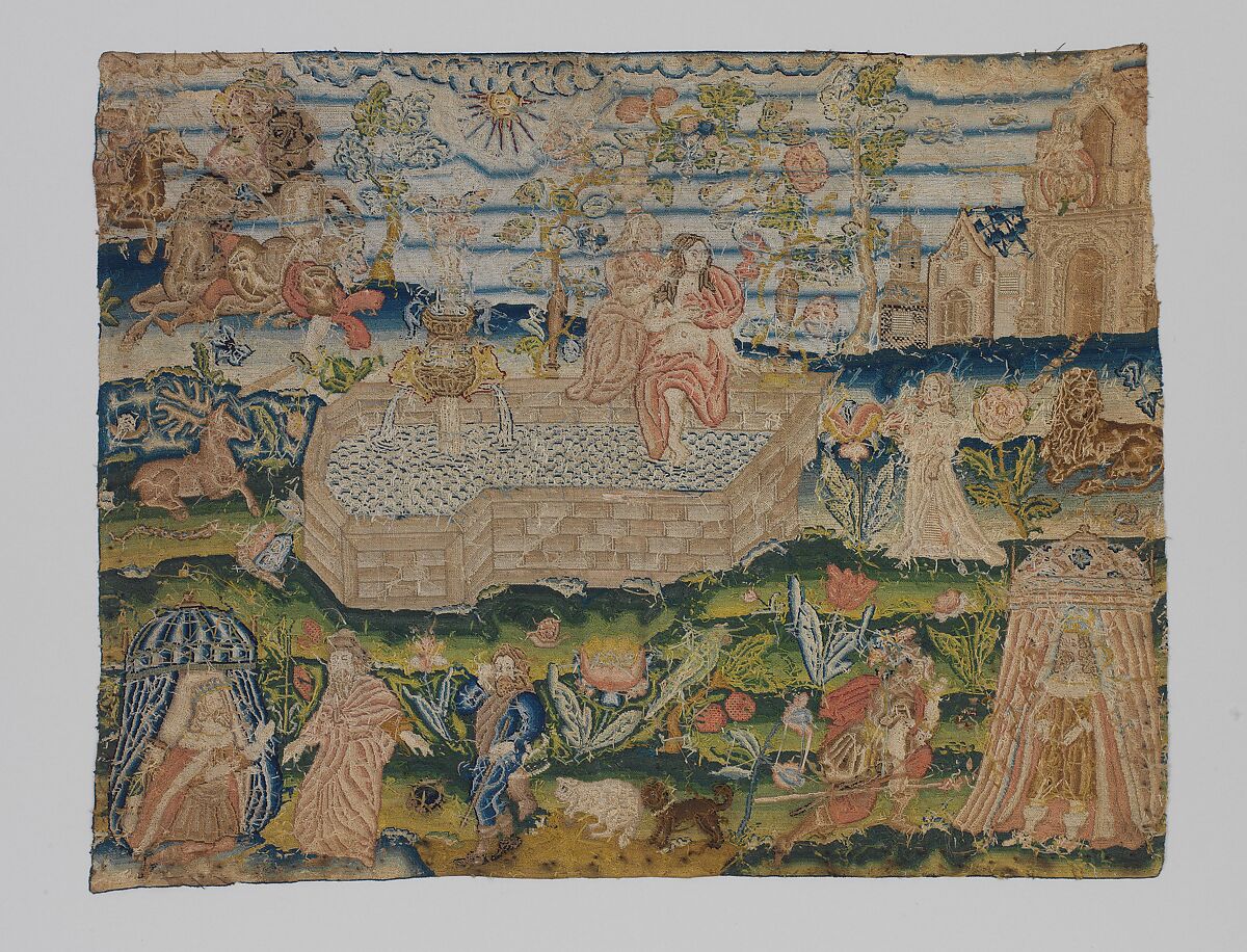 David and Bathsheba, Canvas worked with silk linen thread; tent, Gobelin, knot, rococo, and couching stitches, British