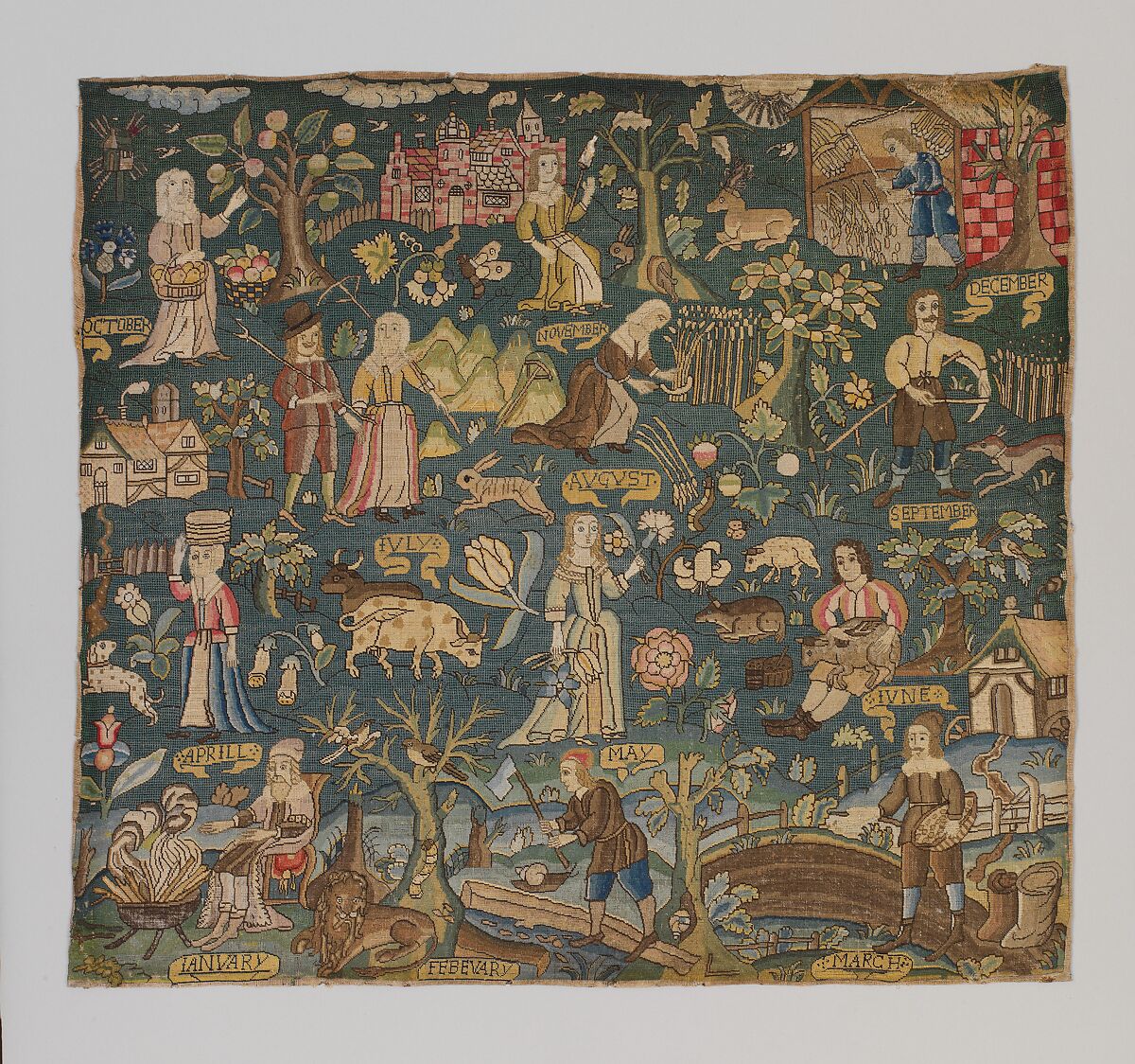 Labors of the Months, Canvas worked in wool, silk , and metal thread; tent, Gobelin, back, cross, and couching stitches, British 