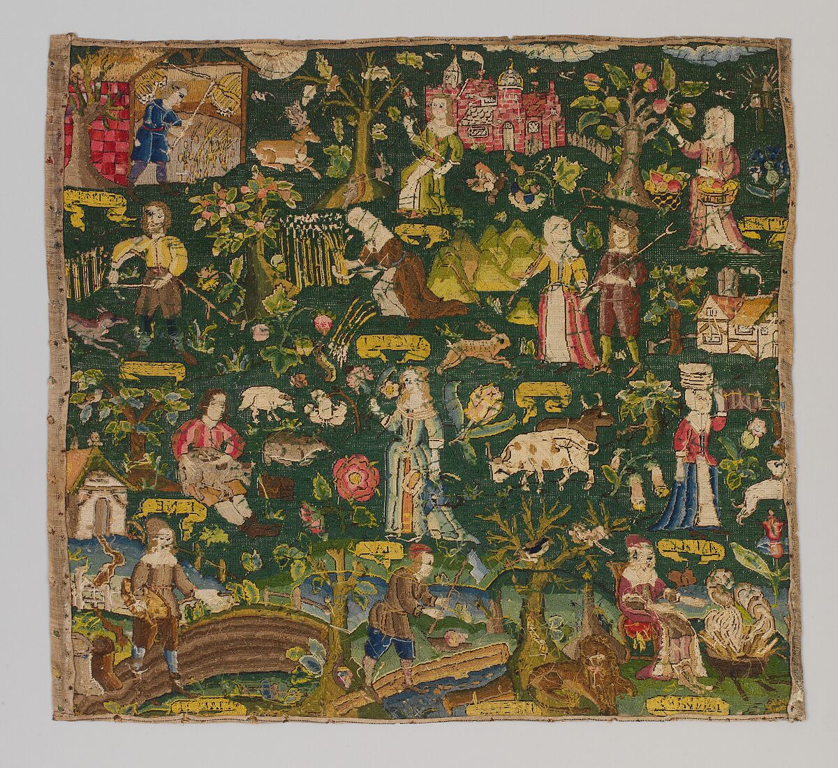 Labors of the Months, Canvas worked in wool, silk , and metal thread; tent, Gobelin, back, cross, and couching stitches, British