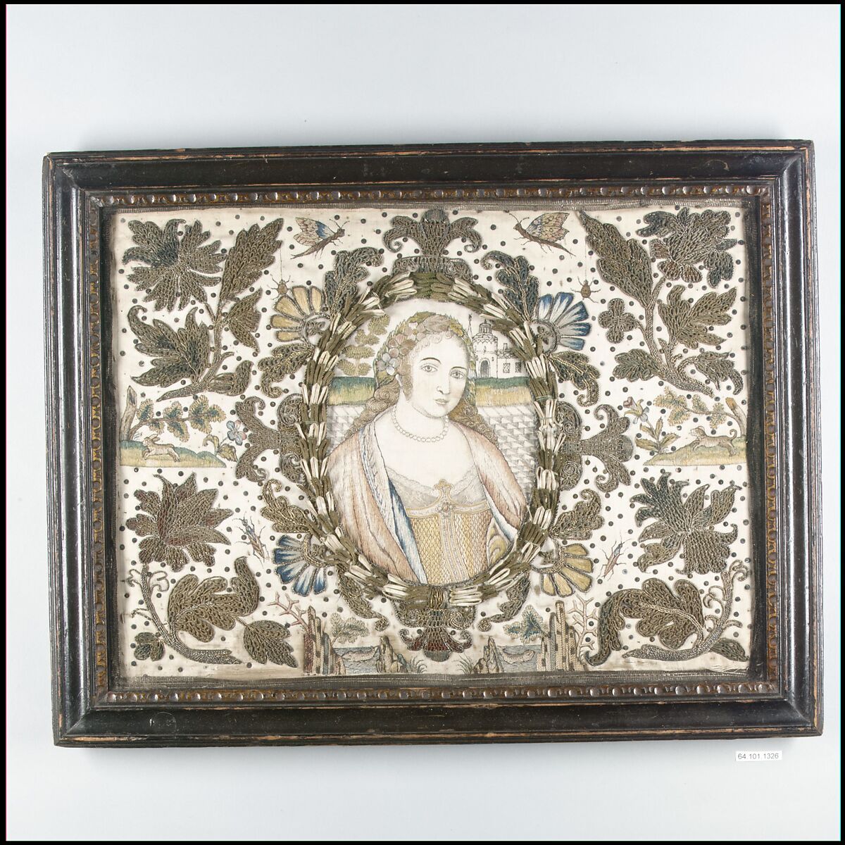 A Lady, said to be Elizabeth Coombe, Satin worked with silk and metal thread; long-and-short, outline, split, and couching stitches, British