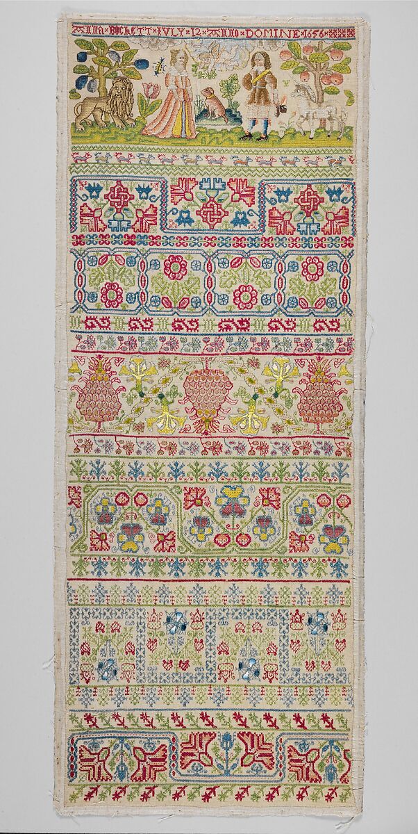 Sampler, Anna Buckett, Linen worked with silk thread; long-and-short, split, stem, back, tent, cross, and satin stiches, British 