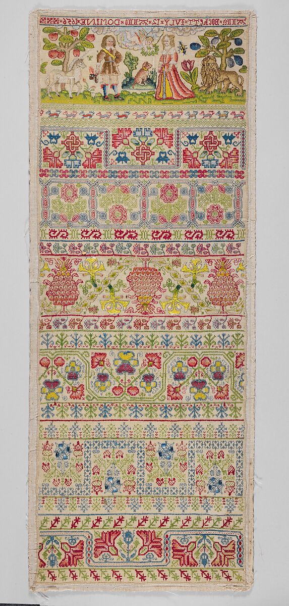 Sampler, Anna Bockett, Linen worked with silk thread; long-and-short, split, stem, back, tent, cross, and satin stiches, British