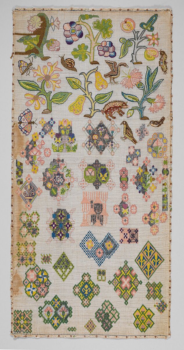 Sampler, Canvas worked with silk and metal thread; tent, cross, back, plaited braid, knots, laid work, and detached buttonhole stitches, British 