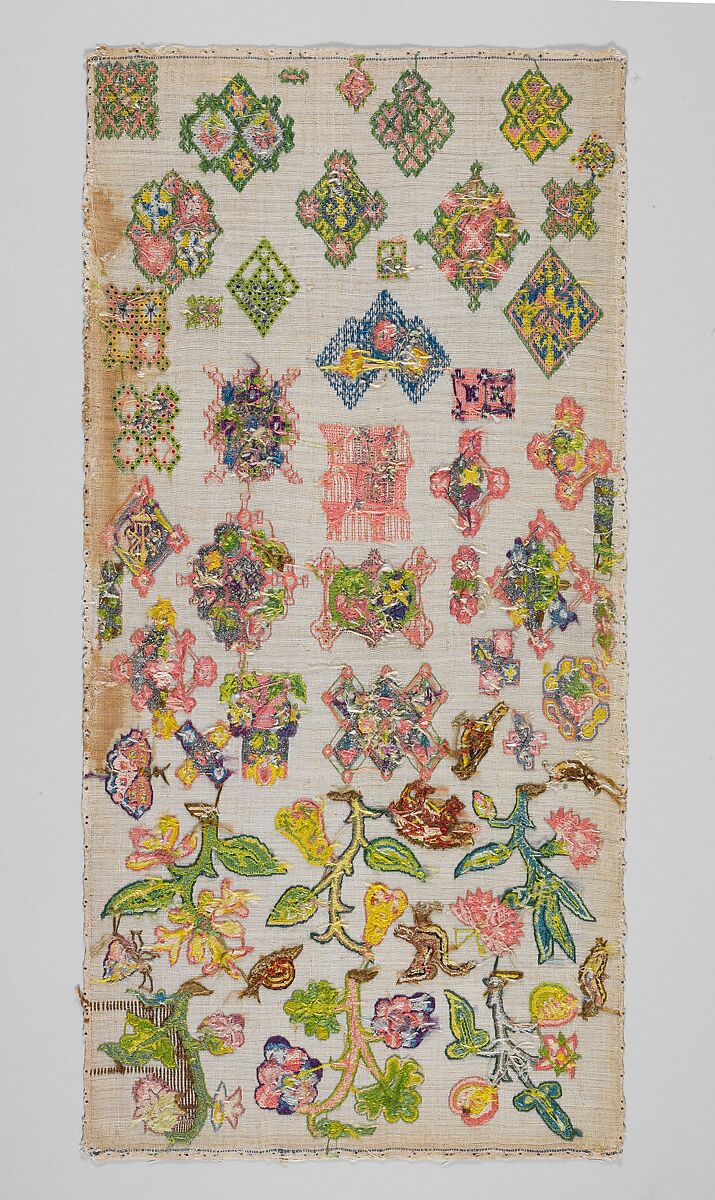 Sampler, Canvas worked with silk and metal thread; tent, cross, back, plaited braid, knots, laid work, and detached buttonhole stitches, British