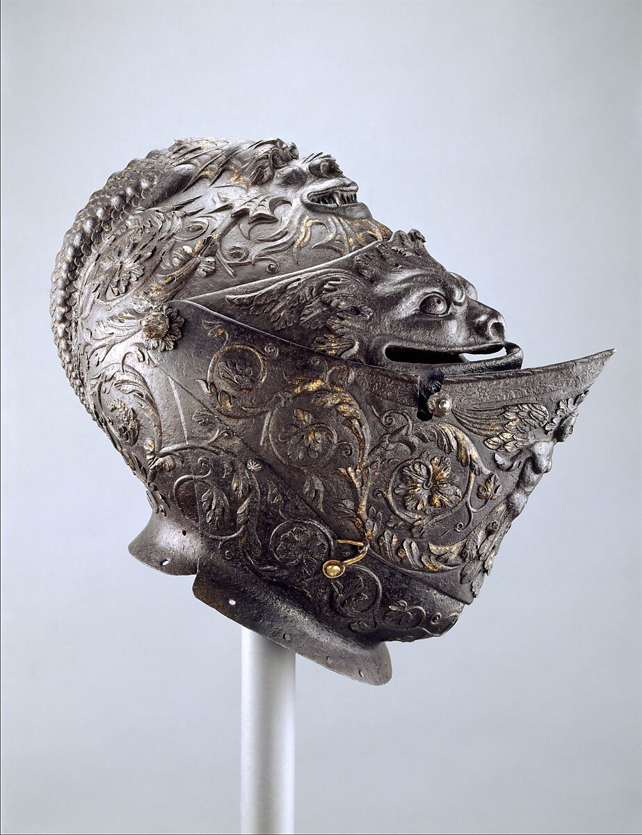 Close Helmet, Attributed to Giovan Paolo Negroli (Italian, Milan ca. 1513–1569), Steel, copper alloy, gold, Italian, Milan 
