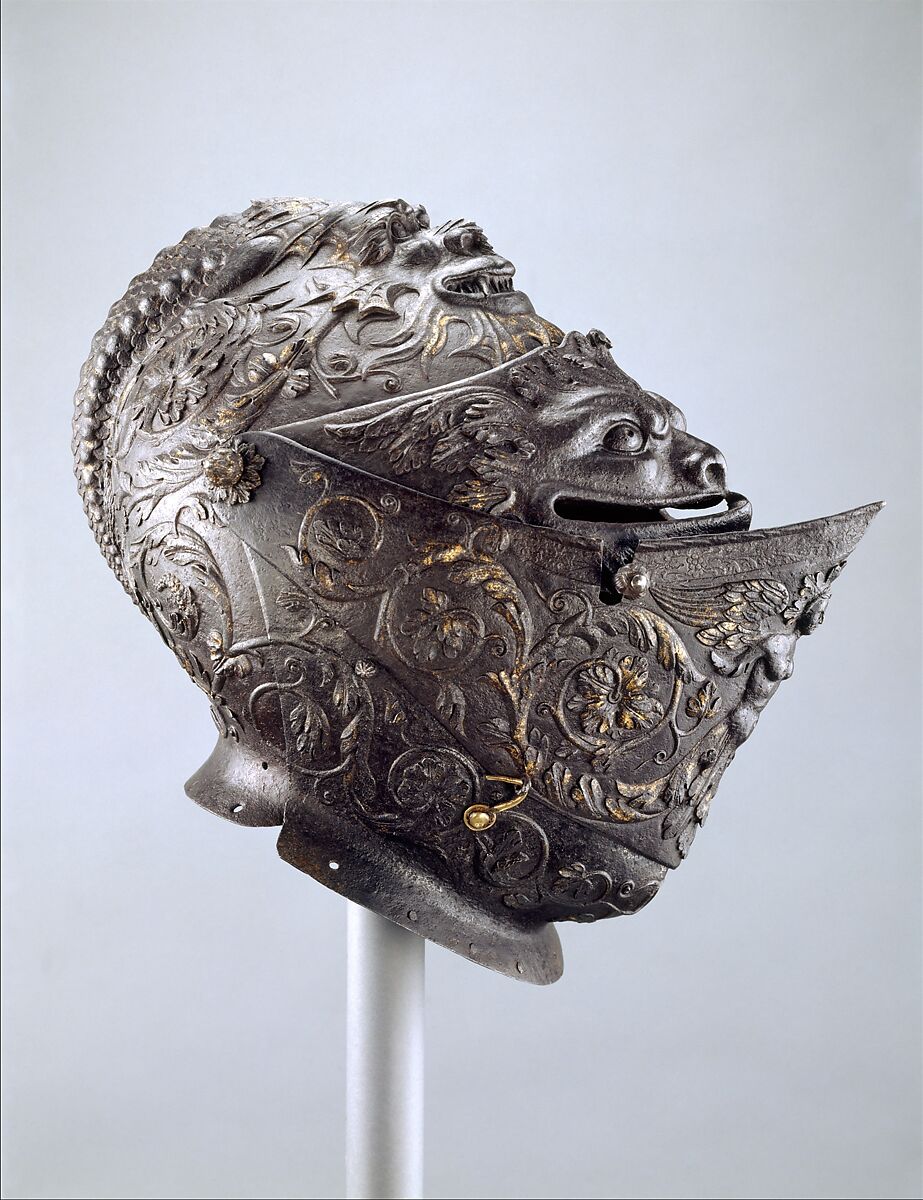 Close Helmet, Giovan Paolo Negroli  Italian, Steel, copper alloy, gold, Italian, Milan