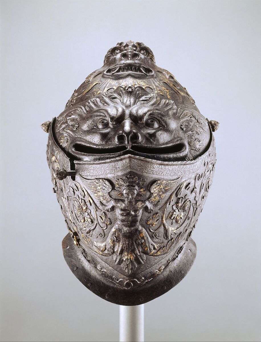 Close Helmet, Attributed to Giovan Paolo Negroli (Italian, Milan ca. 1513–1569), Steel, copper alloy, gold, Italian, Milan