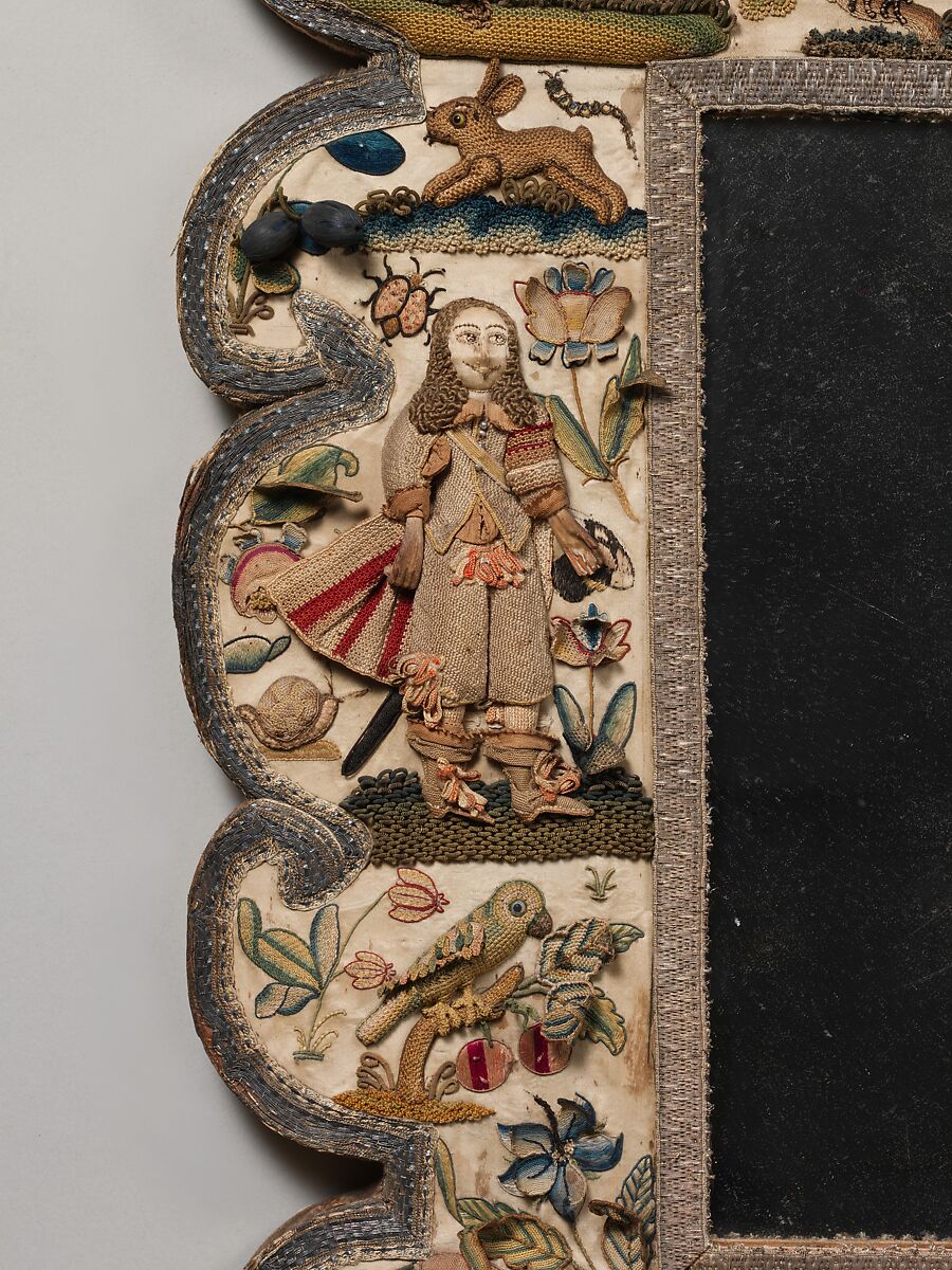 Mirror frame, Satin worked with silk, chenille threads, purl, shells, wood, beads, mica, bird feathers, bone or coral; detached buttonhole variations, long-and-short, satin, couching, and knot stitches; wood frame, mirror glass, plush, British