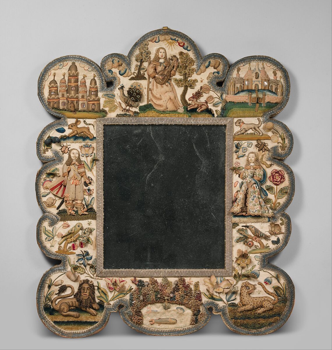 Mirror frame, Satin worked with silk, chenille threads, purl, shells, wood, beads, mica, bird feathers, bone or coral; detached buttonhole variations, long-and-short, satin, couching, and knot stitches; wood frame, mirror glass, plush, British 