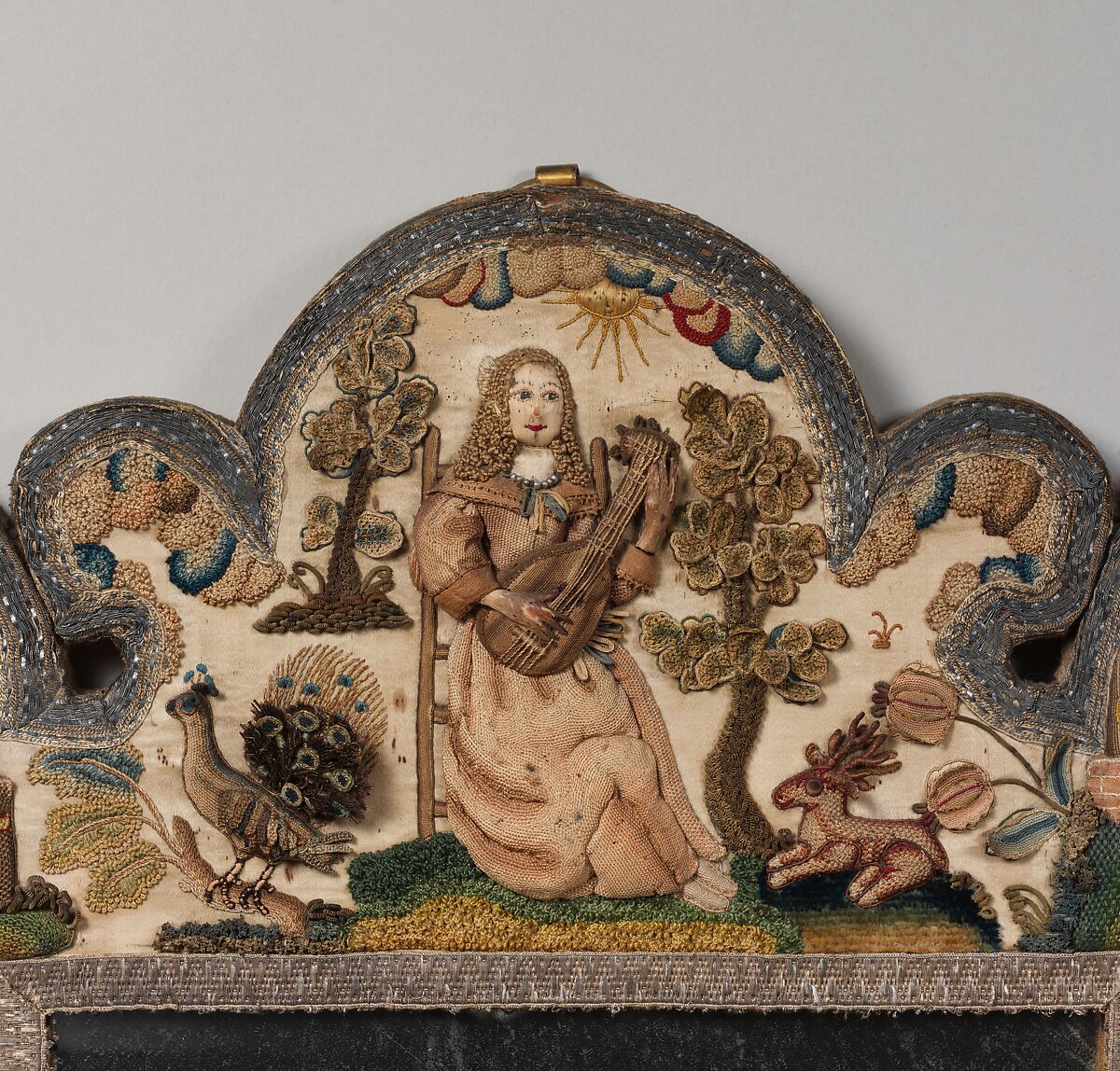 Mirror frame, Satin worked with silk, chenille threads, purl, shells, wood, beads, mica, bird feathers, bone or coral; detached buttonhole variations, long-and-short, satin, couching, and knot stitches; wood frame, mirror glass, plush, British