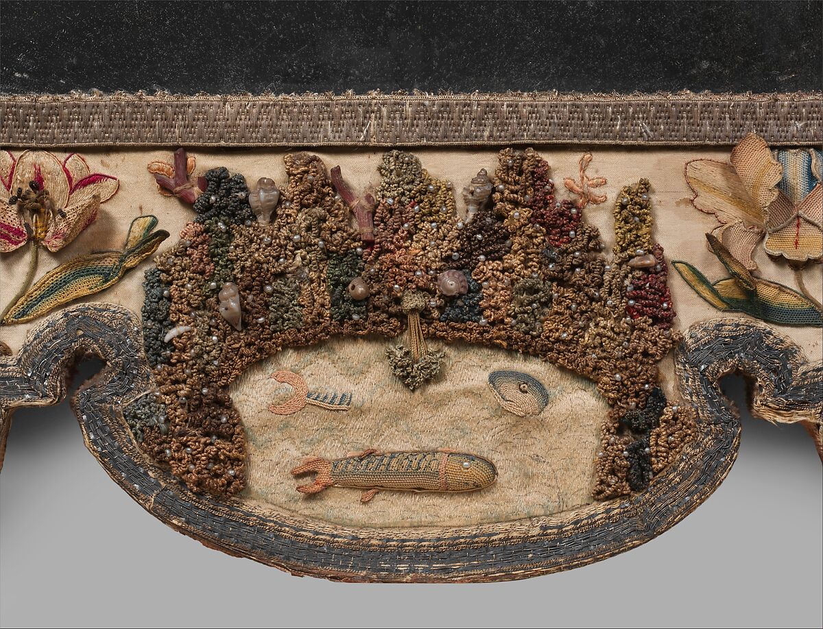 Mirror frame, Satin worked with silk, chenille threads, purl, shells, wood, beads, mica, bird feathers, bone or coral; detached buttonhole variations, long-and-short, satin, couching, and knot stitches; wood frame, mirror glass, plush, British