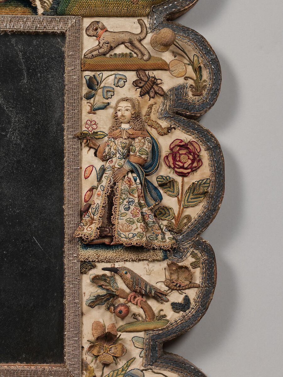 Mirror frame, Satin worked with silk, chenille threads, purl, shells, wood, beads, mica, bird feathers, bone or coral; detached buttonhole variations, long-and-short, satin, couching, and knot stitches; wood frame, mirror glass, plush, British