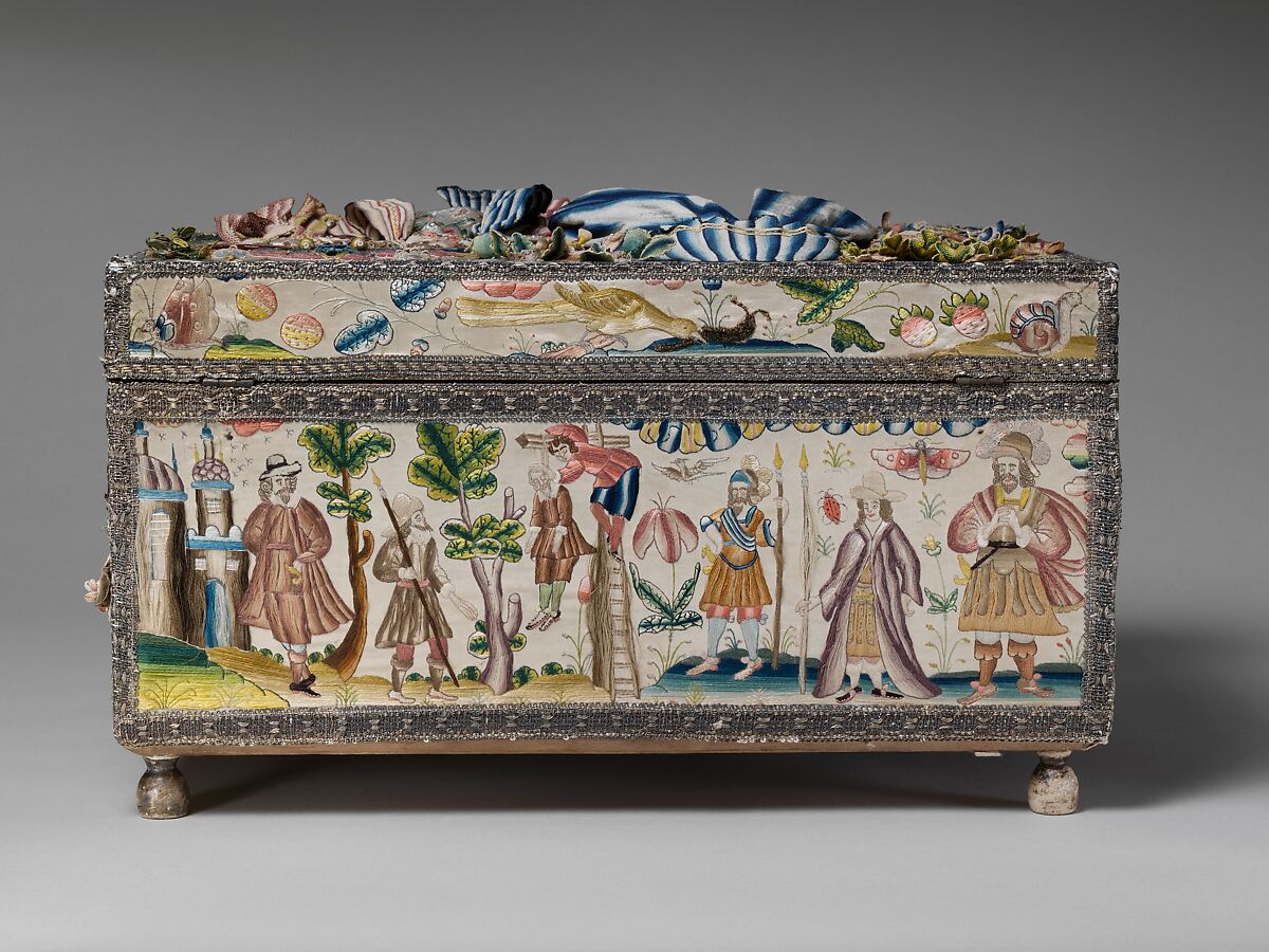 Cabinet with scenes from the Story of Esther, Wood; silk satin worked with silk, metal threads (metal strip wrapped silk, silk-wrapped coiled wire, wire) linen thread, seed pearls, mica, feathers; detached buttonhole, buttonhole filling variations; French knot, single knot, laid work, couching, satin, and stem stitches; metal thread trim (metal strip wrapped on silk core; metal strip) wood frame; silk lining; mirror glass, glass bottles; printed paper, British