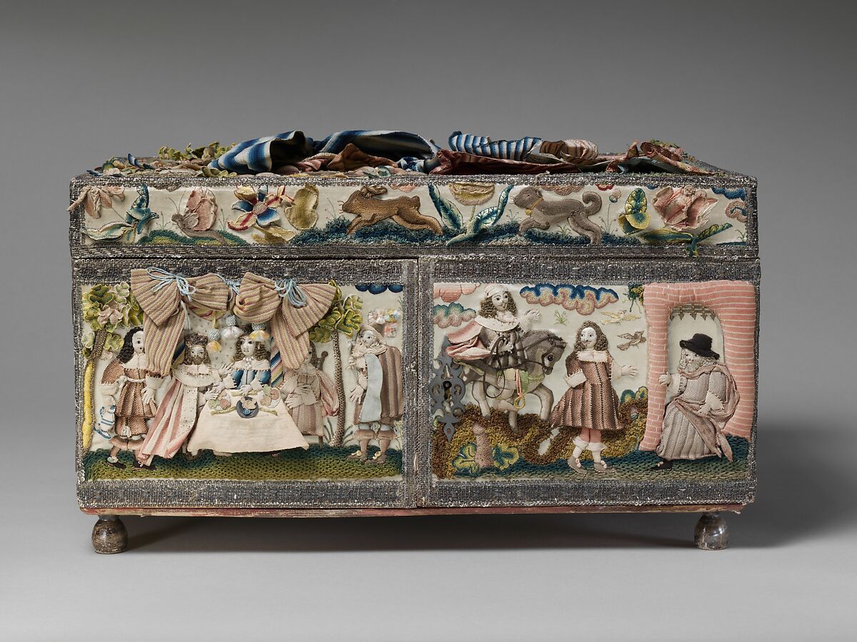 Cabinet with scenes from the Story of Esther, Wood; silk satin worked with silk, metal threads (metal strip wrapped silk, silk-wrapped coiled wire, wire) linen thread, seed pearls, mica, feathers; detached buttonhole, buttonhole filling variations; French knot, single knot, laid work, couching, satin, and stem stitches; metal thread trim (metal strip wrapped on silk core; metal strip) wood frame; silk lining; mirror glass, glass bottles; printed paper, British