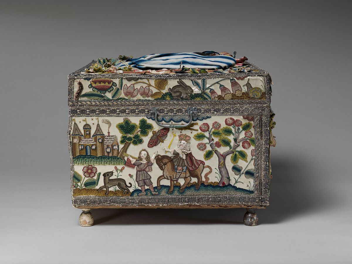Cabinet with scenes from the Story of Esther, Wood; silk satin worked with silk, metal threads (metal strip wrapped silk, silk-wrapped coiled wire, wire) linen thread, seed pearls, mica, feathers; detached buttonhole, buttonhole filling variations; French knot, single knot, laid work, couching, satin, and stem stitches; metal thread trim (metal strip wrapped on silk core; metal strip) wood frame; silk lining; mirror glass, glass bottles; printed paper, British