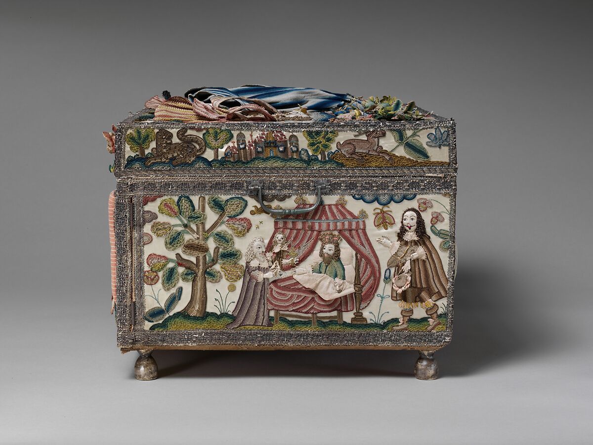 Cabinet with scenes from the Story of Esther, Wood; silk satin worked with silk, metal threads (metal strip wrapped silk, silk-wrapped coiled wire, wire) linen thread, seed pearls, mica, feathers; detached buttonhole, buttonhole filling variations; French knot, single knot, laid work, couching, satin, and stem stitches; metal thread trim (metal strip wrapped on silk core; metal strip) wood frame; silk lining; mirror glass, glass bottles; printed paper, British